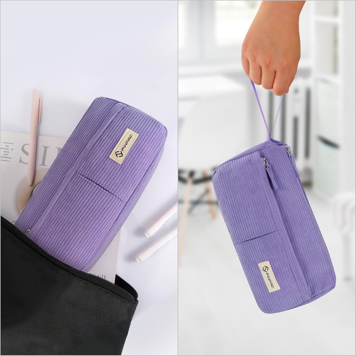 Thumbnail 5 de Trousse scolaire FINPAC en velours côtelé (violette) avec poche zippée et dragonne
