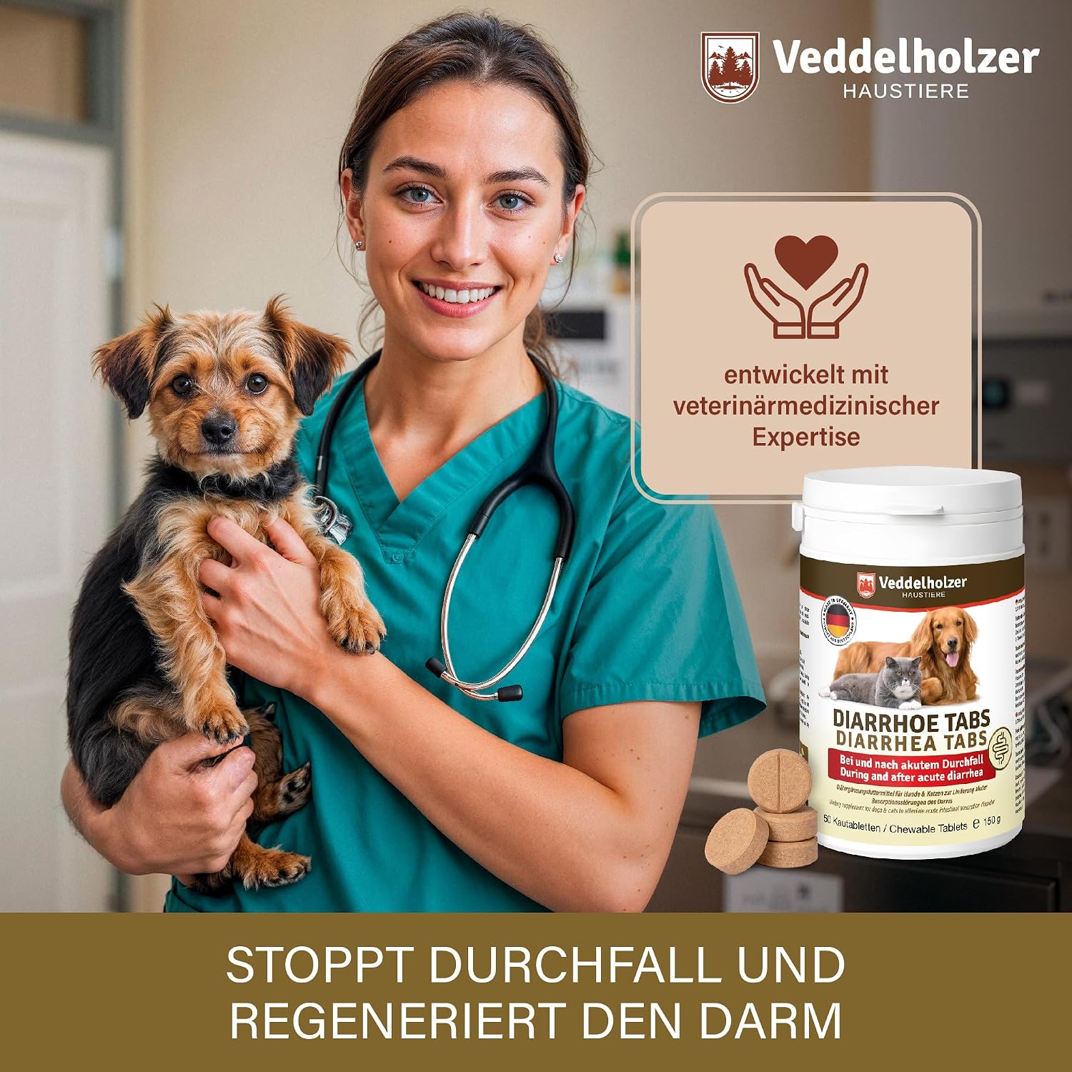 Detalle de Veddelholzer 50 Diarrhoe Kautabletten – Diät-Ergänzungsmittel für Hunde & Katzen mit Präbiotika & pflanzlichen Inhaltsstoffen