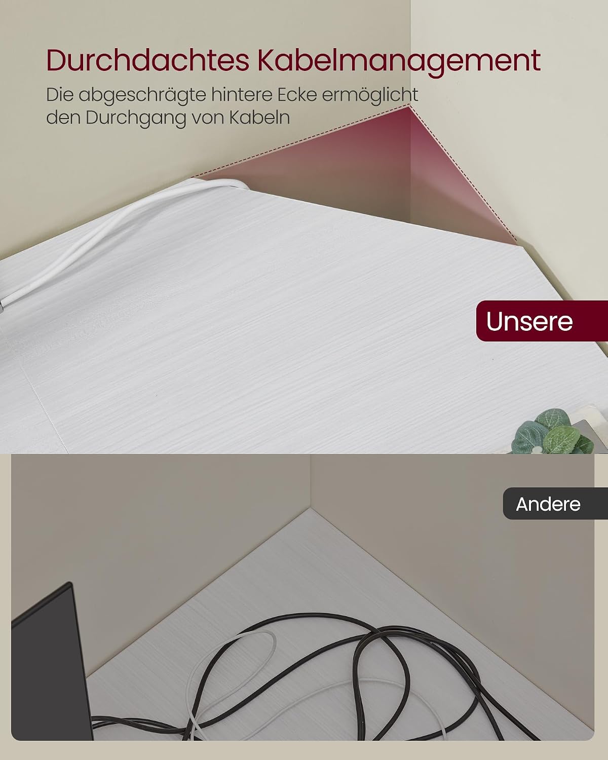 Detalle de VASAGLE Eckschreibtisch L-förmig 140 x 140 cm – Ahornweiß, LWD073W01V1
