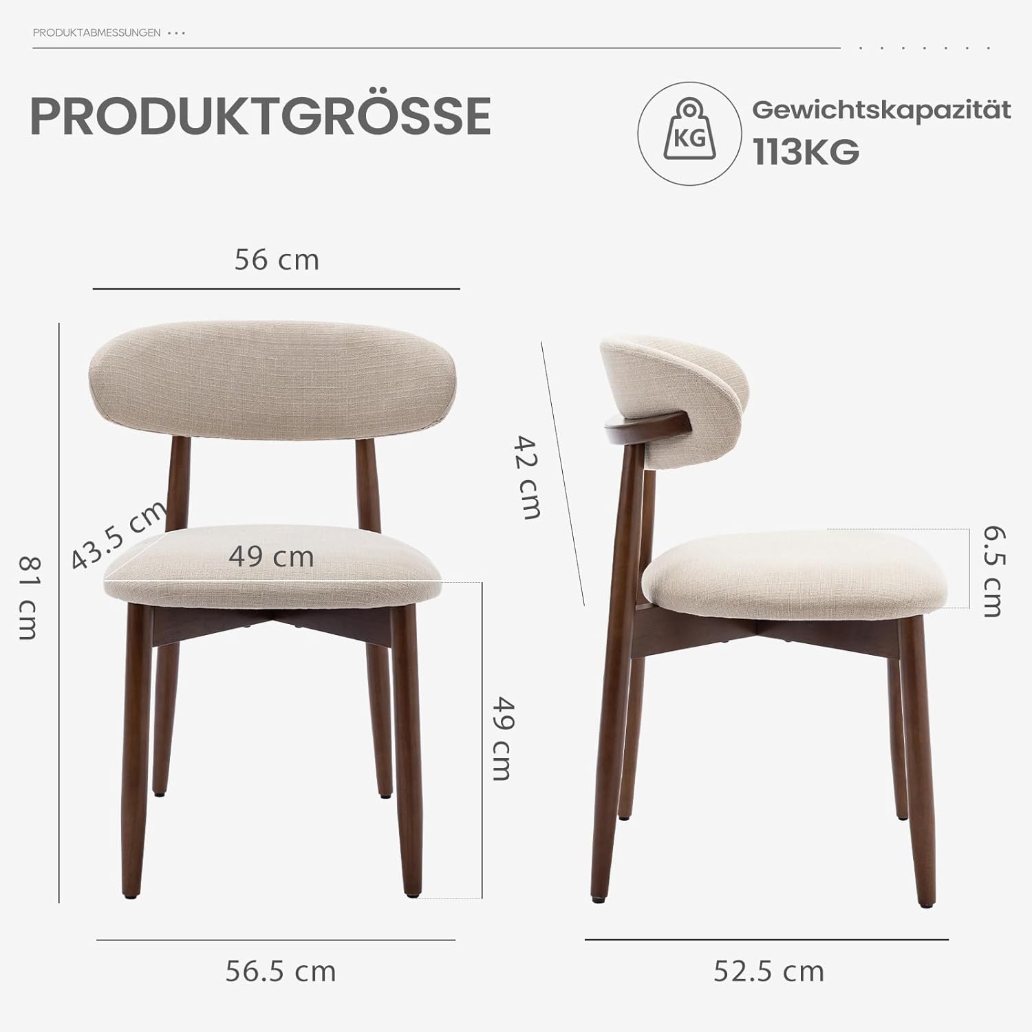 Detalle de COLAMY Küchenstuhl 2er Set – Moderner Polsterstuhl mit fester Rückenlehne, Beige, Holzbein