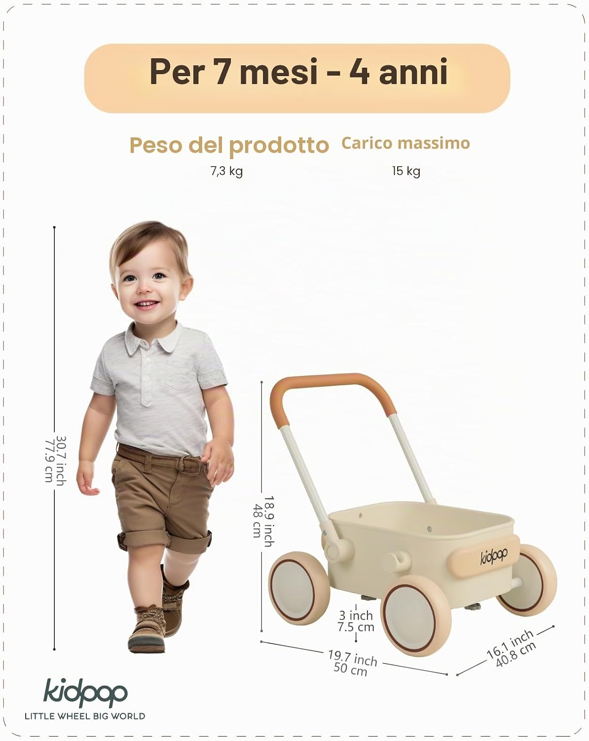 Thumbnail 1 de Kidpop PULA girello 2 in 1 per bambini 6-18 mesi – carrello portaoggetti, peso massimo 15 kg, Bianco