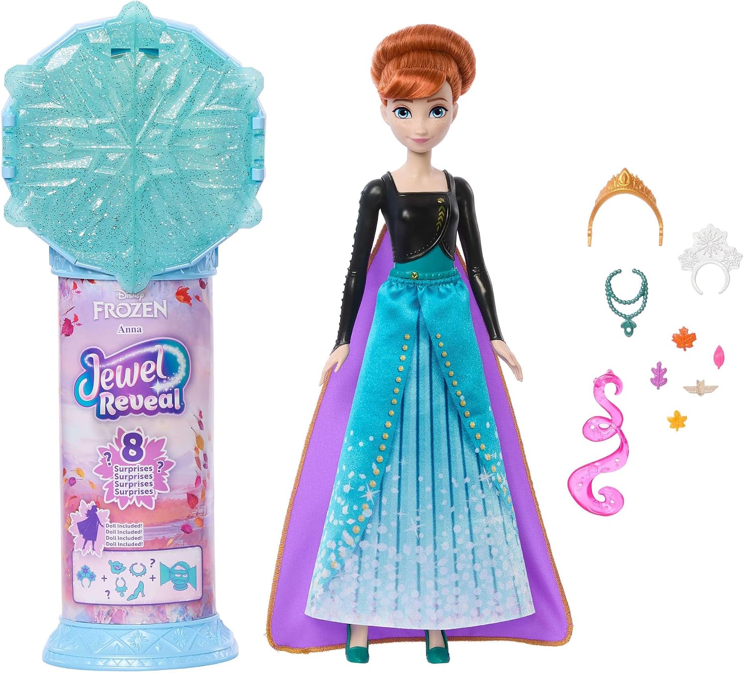 Detalle de Mattel Disney Frozen Anna Jewel Reveal (JJY37) con 9 accessori e 8 sorprese