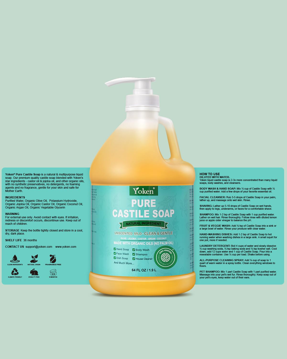 Thumbnail 6 de Yoken Pure Castile Liquid Soap 64 Oz Unscented – Multi-Purpose Cleanser for Body, Dishes, and More