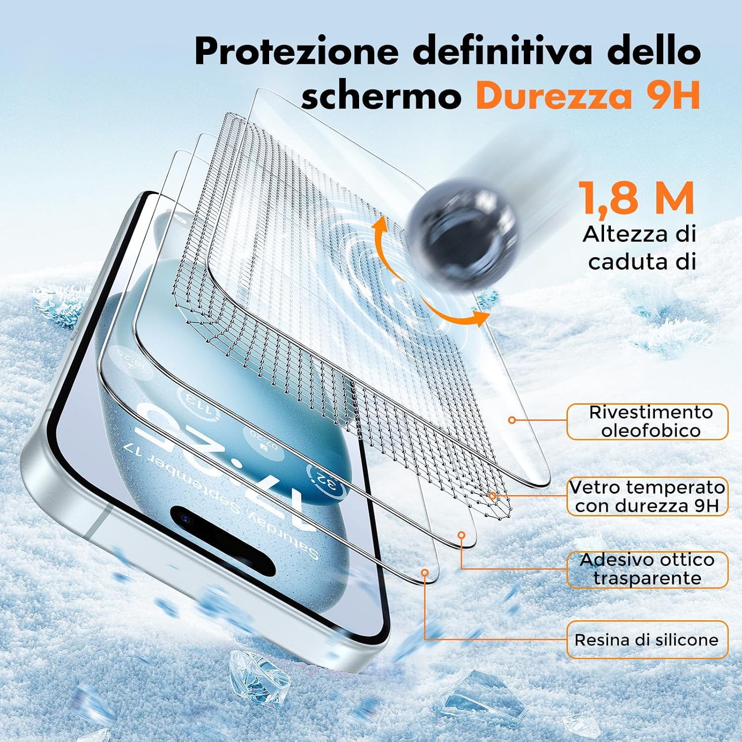 Detalle 2 de UNBREAKcable 3 Pellicole Vetro per iPhone 15 6,1" – Protezione 9H, Trasparente, Installazione Facile