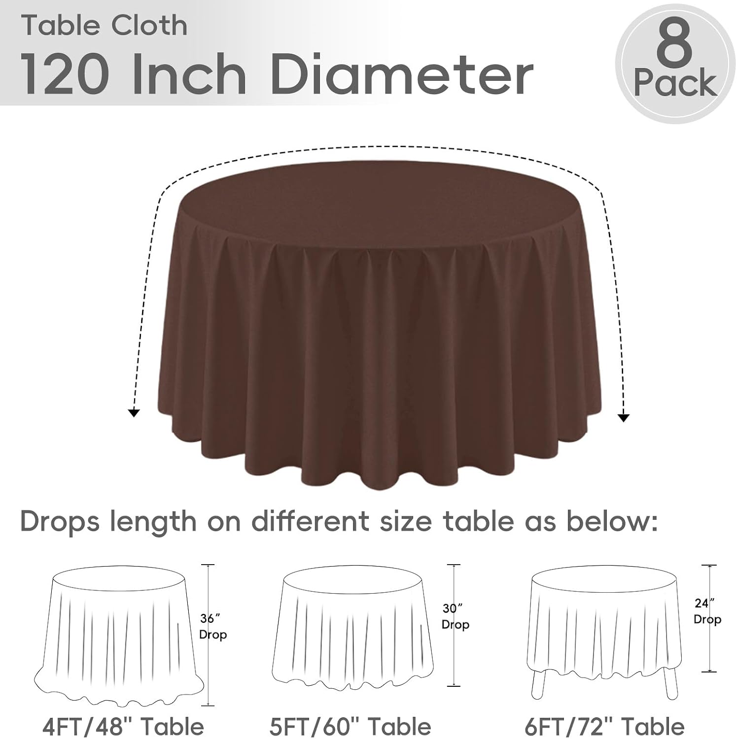 Detalle 2 de 8 Pack Round Tablecloth 120 Inch Brown Polyester Tablecloth — Wrinkle-Resistant, Washable