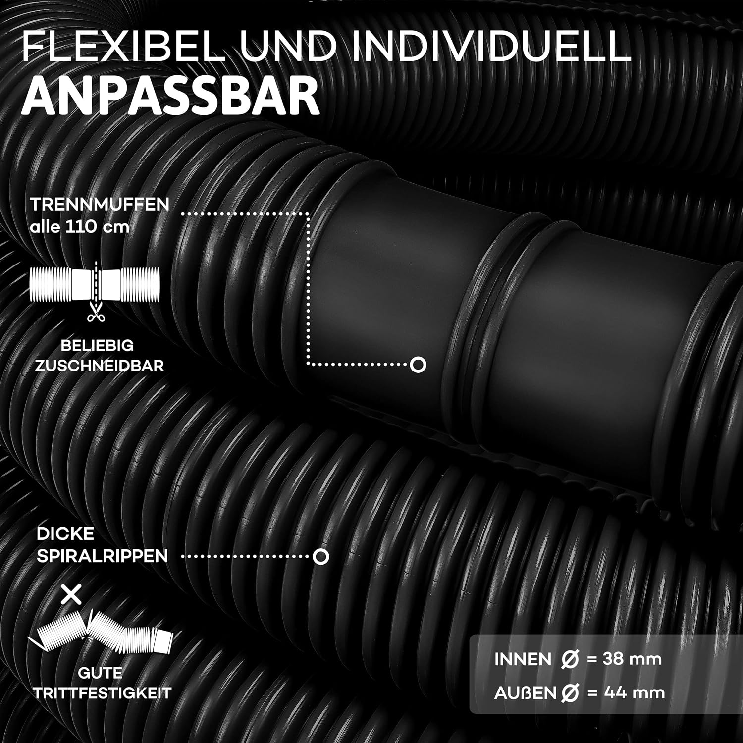 Detalle 2 de tillvex TVPS zwembadslang 8 m, 38 mm, zwart met moffen