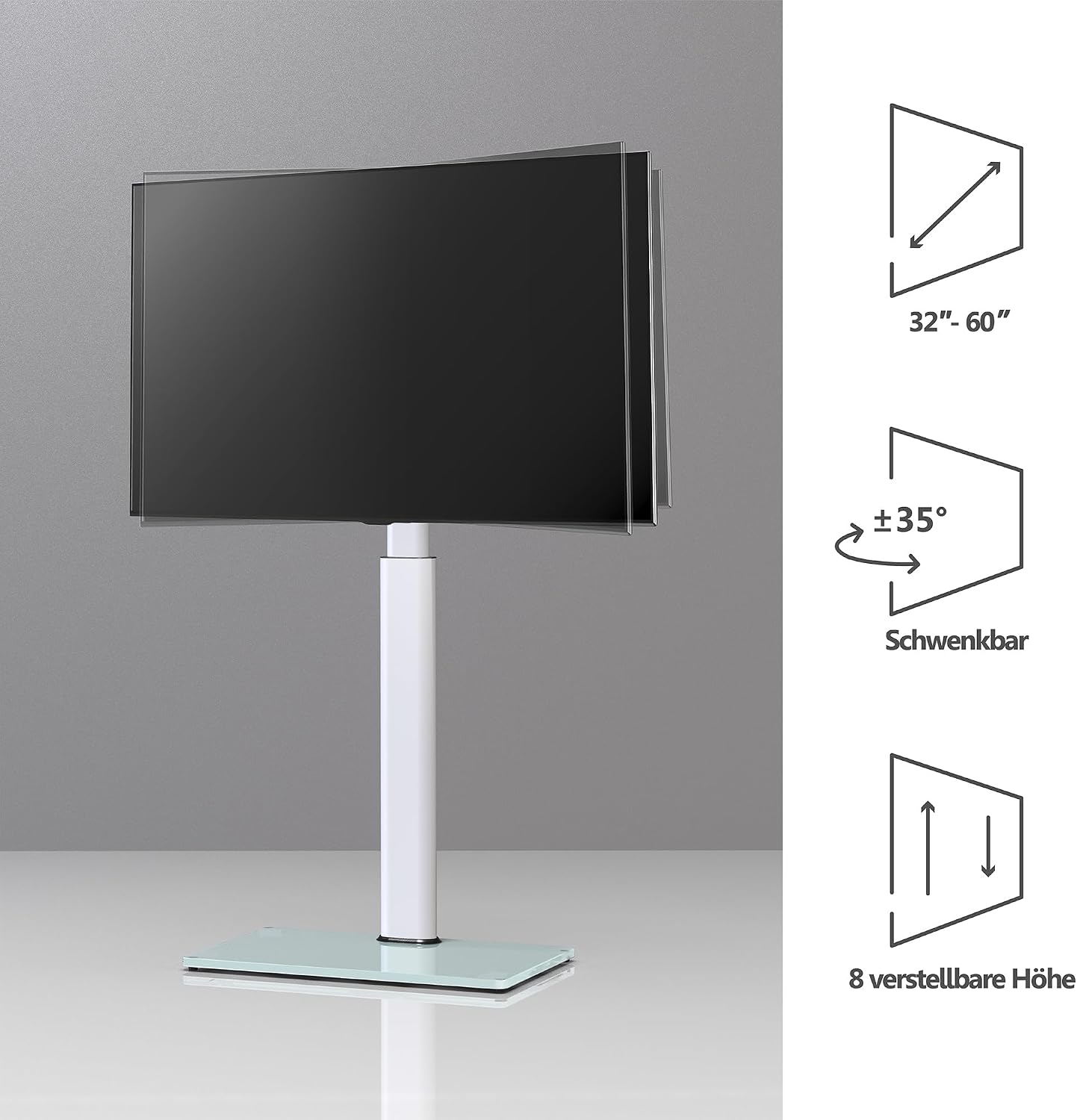 Detalle de FITUEYES TV Ständer mit Glasboden für 32–60 Zoll Fernseher, höhenverstellbar bis 1240 mm, max. 30 kg, VESA bis 600×400 mm – Weiß