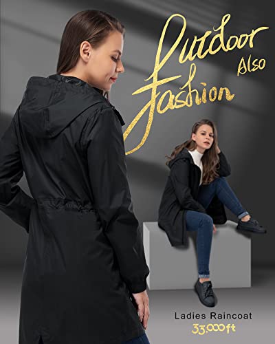 Detalle de 33,000ft Women's Lightweight Packable Waterproof Rain Jacket — Hooded, Long Style (Black, L/14)