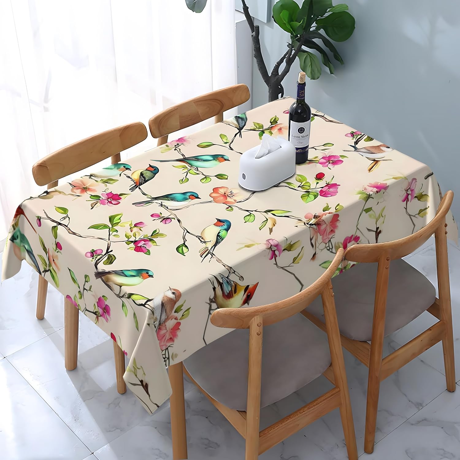 artslion Rectangle 60x84in Tablecloth – Birds on Branches, Wipe-Clean Outdoor Cover