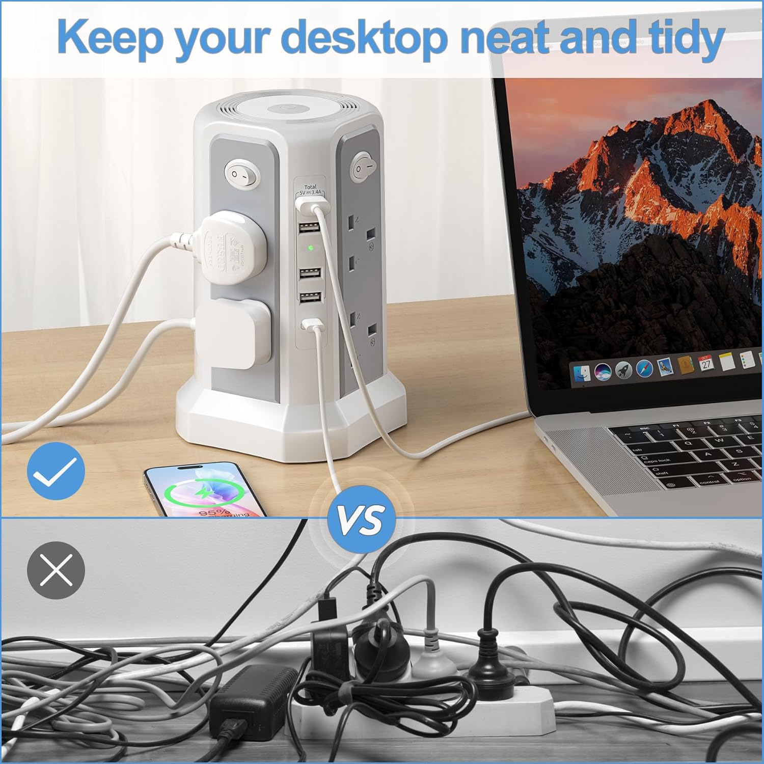 Thumbnail 4 de Tower Extension Lead 8-Way 13A 3250W, 5 USB Ports 🔌