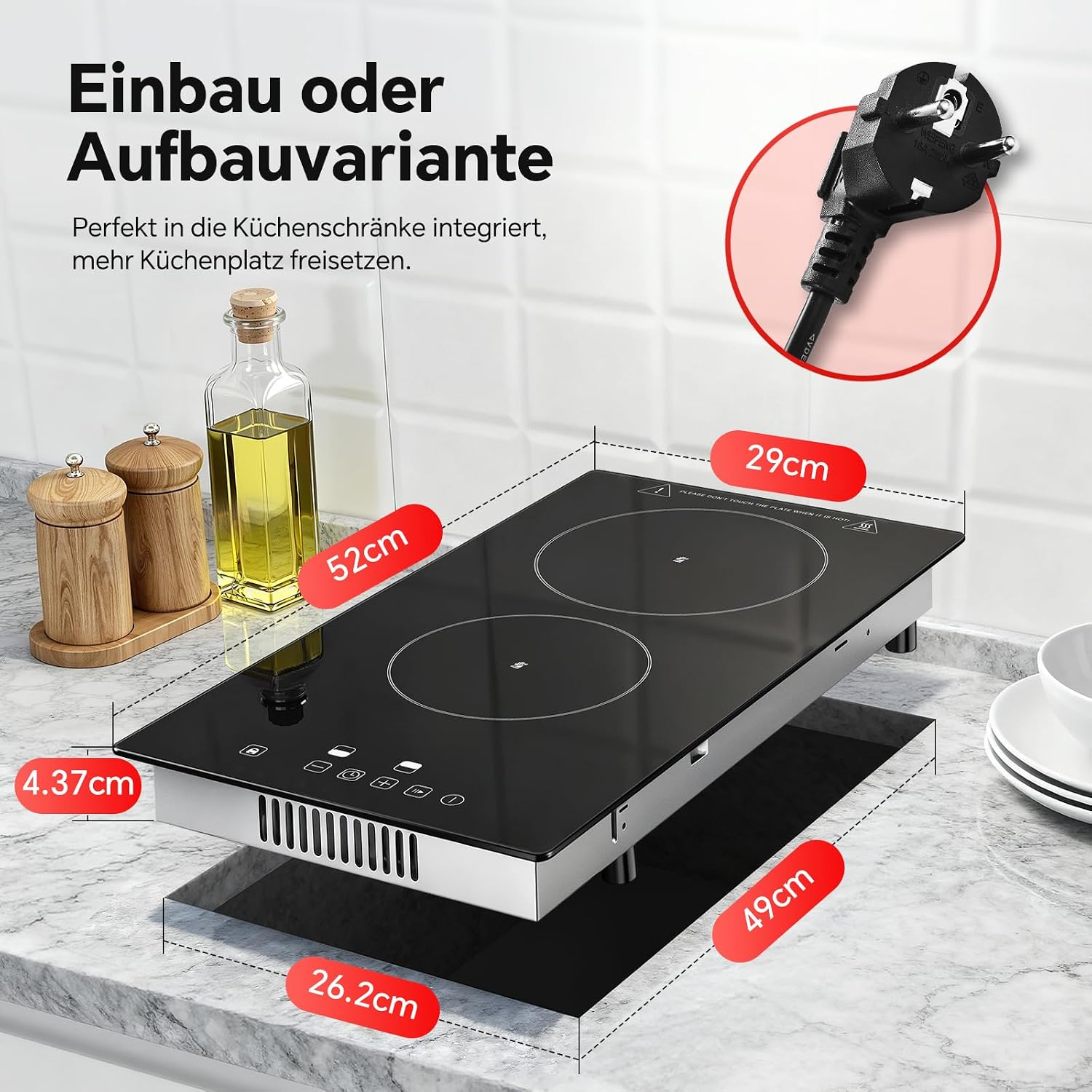 Detalle 2 de SNDOAS Glaskeramik-Kochfeld mit 2 Platten, 3000 W, Touch, Timer (1–99 Min) und Kindersicherung – schwarz