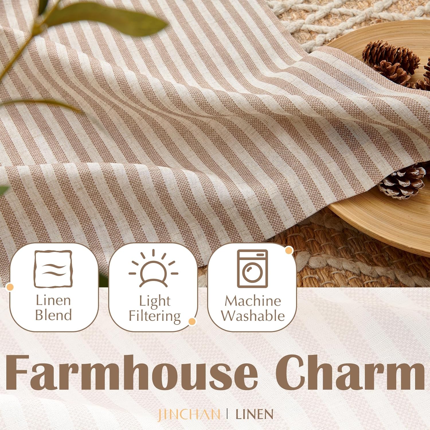 Thumbnail 5 de jinchan Striped Linen Kitchen Curtains 30" Tan 🪟