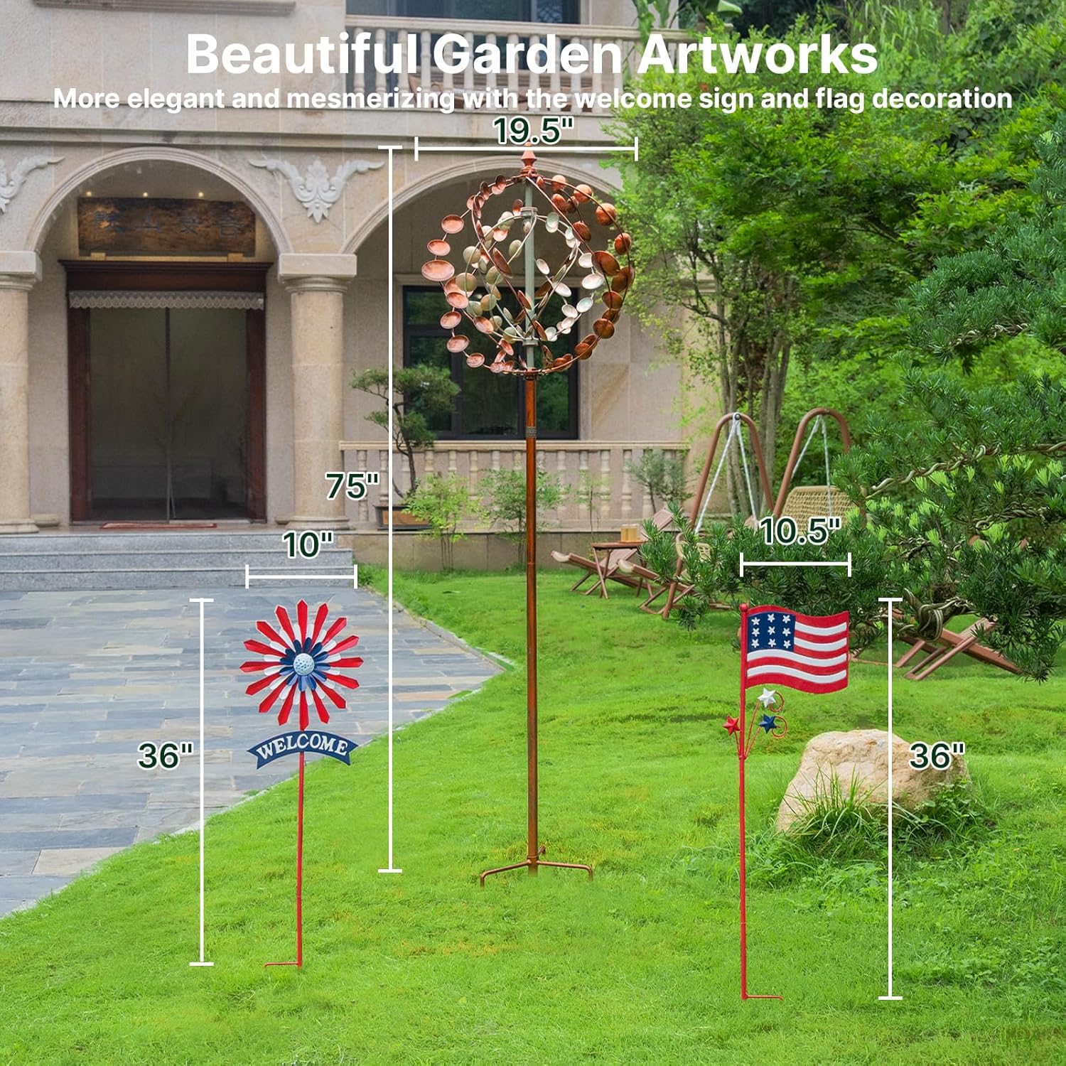 Thumbnail 1 de Outdoor Wind Spinners 75" Large Metal Kinetic Wind Sculptures with 360° Swivel & Welcome Flag