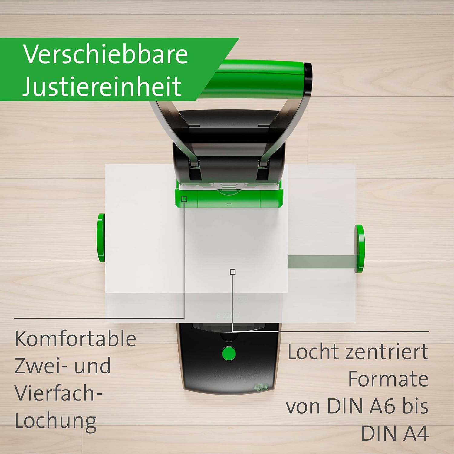 Detalle 2 de Novus B 2200 re+new nachhaltiger Blocklocher – 2- oder 4-fach Lochung, 200 Blatt