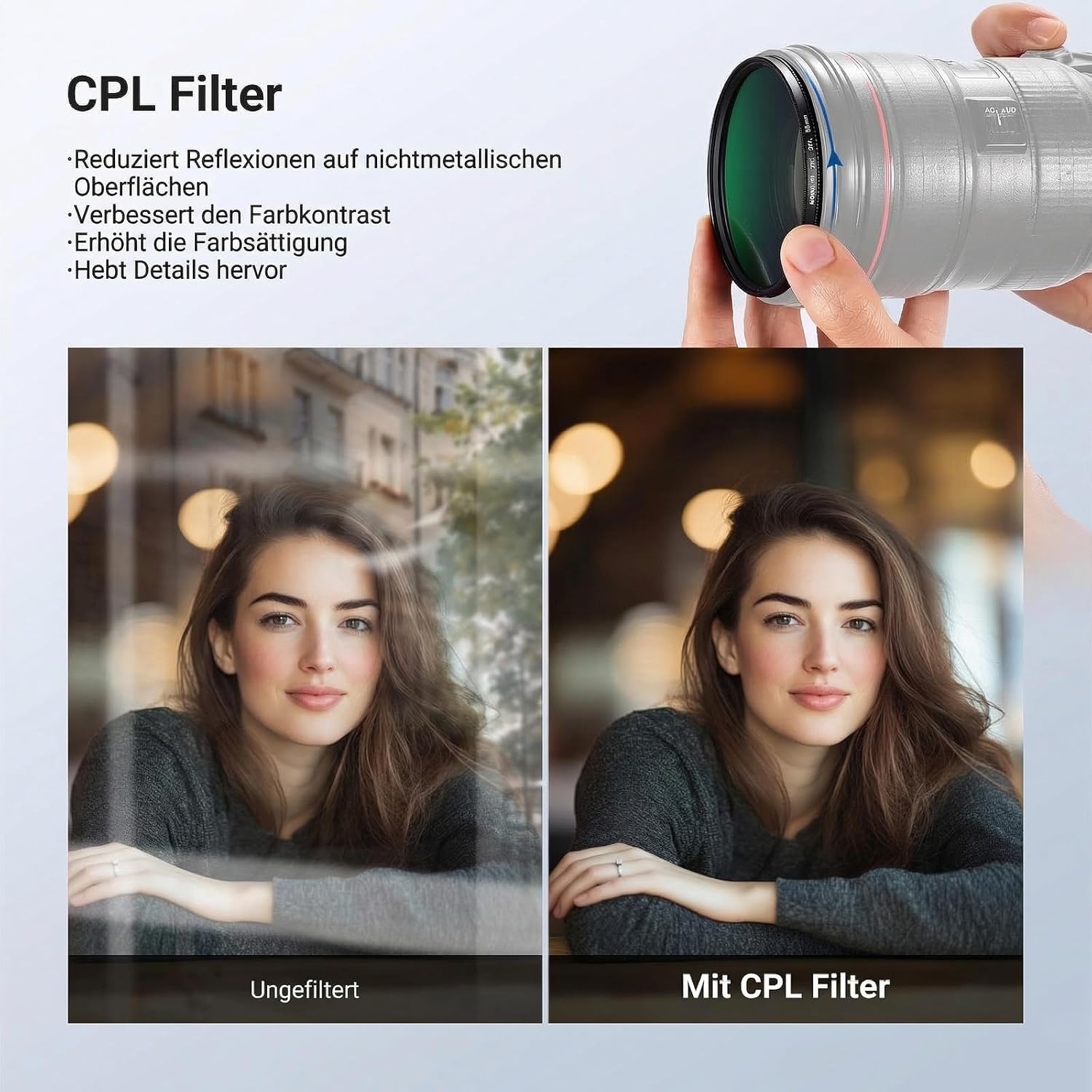 Detalle 2 de NEEWER 55mm Filter Set (ND2-400 + CPL + UV) – 3er Pack inkl. Schutzetui