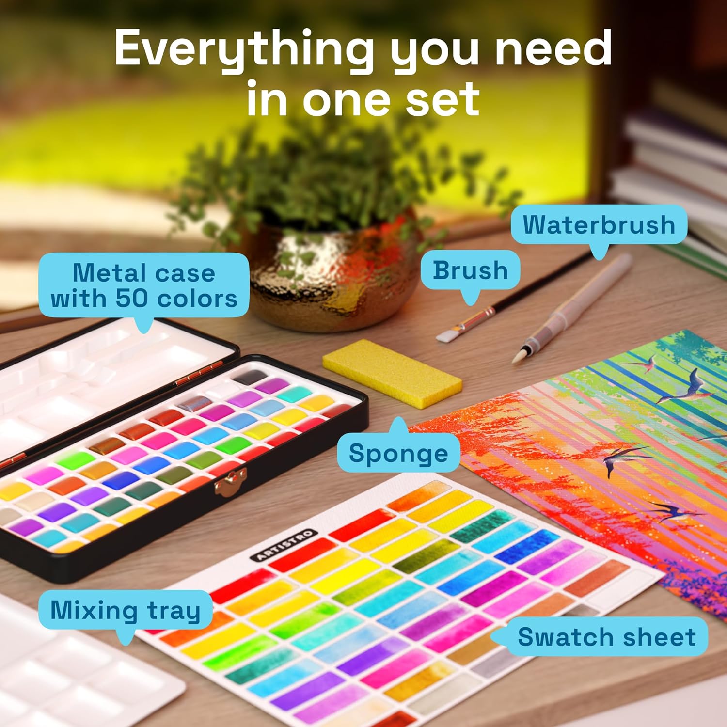 Thumbnail 1 de ARTISTRO 50 Watercolour Paint Set – Vivid colours in a portable tin box with refillable water brush