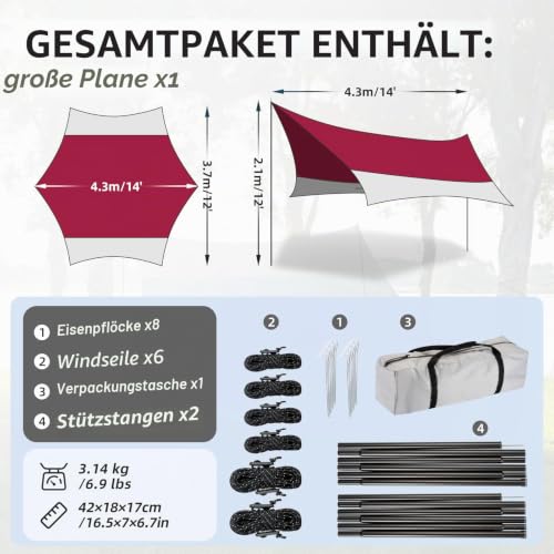 Detalle 2 de Forceatt Zeltplane 3,7 × 4,3 m – Ultraleichtes Tarp mit 8 Umreifungspunkten, Anti-UV & Wasserdicht
