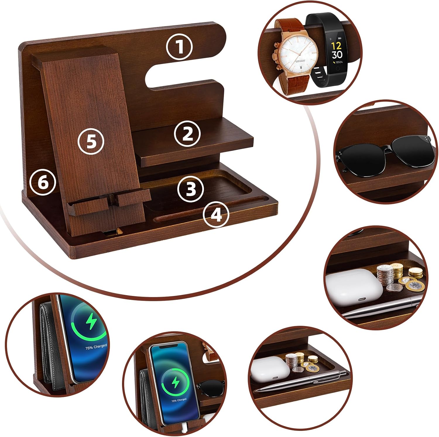Thumbnail 2 de Hanari houten bureau-organizer met gsm-houder, 5 vakken, bruin