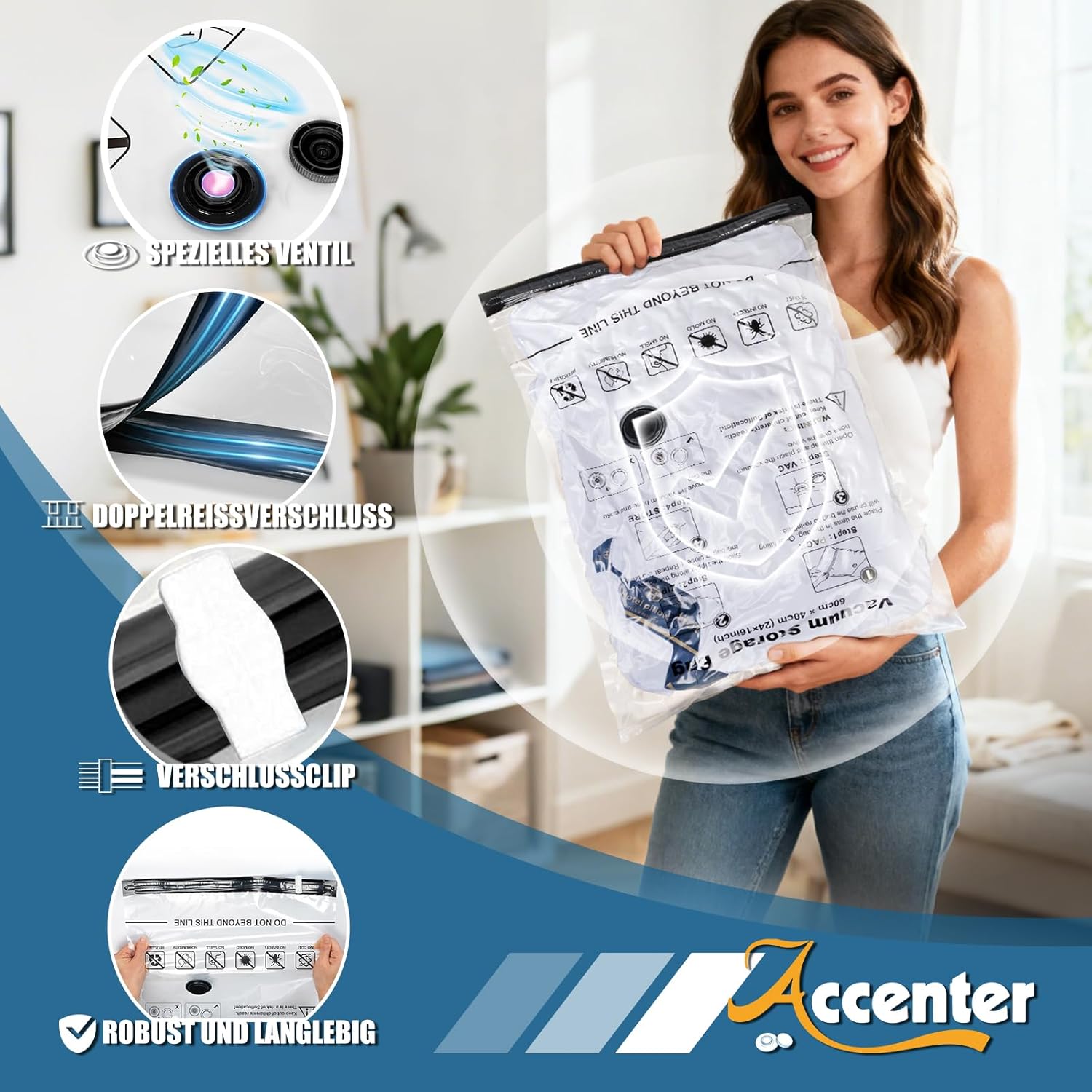 Thumbnail 4 de Accenter Vakuumbeutel für Kleidung mit elektrischer Pumpe (Set mit 10 Teilen, 3 Größen)