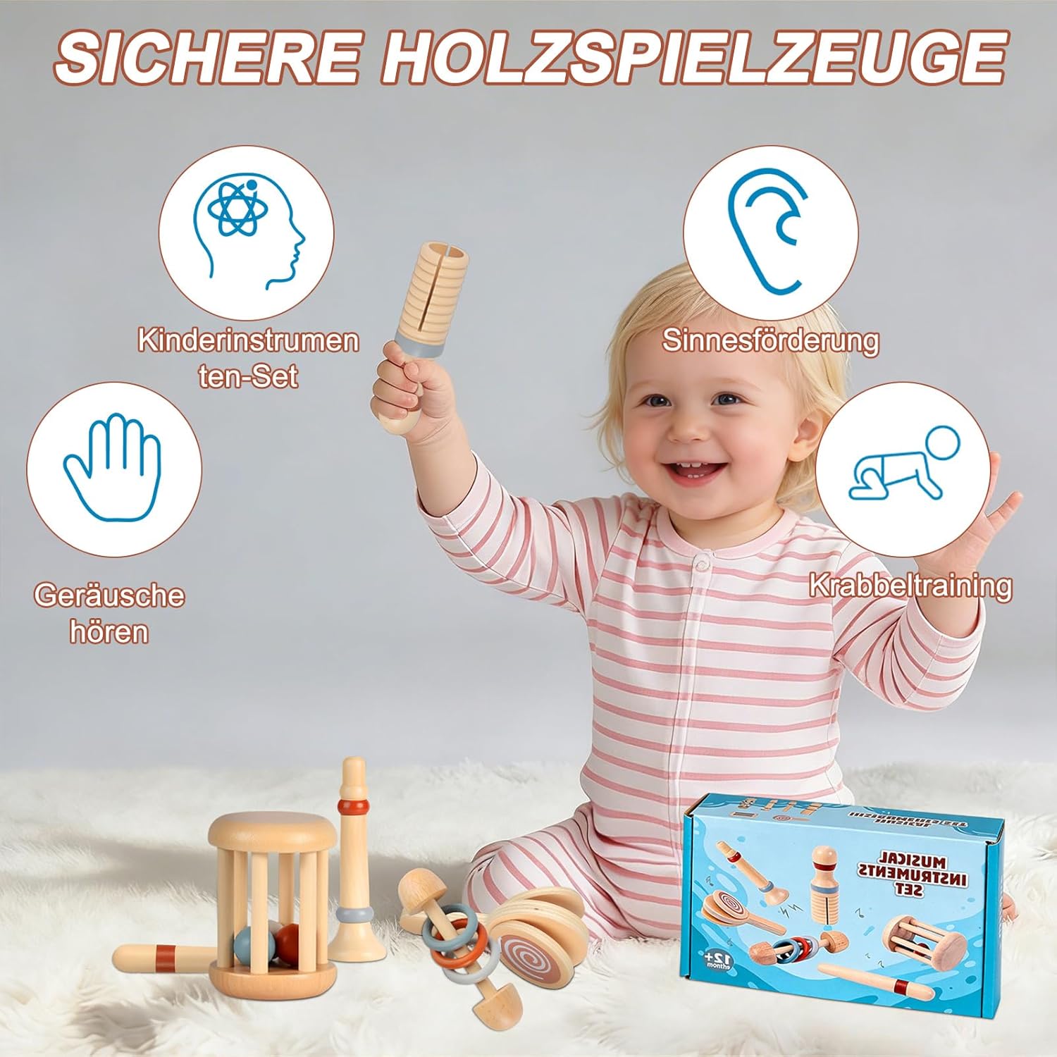 Thumbnail 4 de Lixstyea 6er Set Montessori Holz Baby-Rasseln – Musik-Sonajeros aus Holz für Babys & Kleinkinder (Farbe 2)