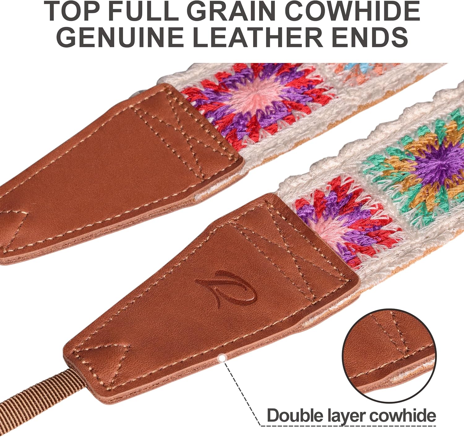 Detalle 2 de Padwa Lifestyle White Crochet Camera Strap with 2" Full‑Grain Leather Ends