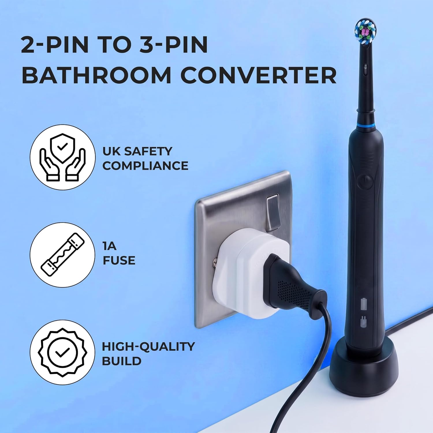 Thumbnail 6 de 2 Pack UK Electric Toothbrush & Shaver Plug Adapter (2-Pin to 3-Pin) with 1A Fuse & Safety Shutters – for Oral-B, Braun, Philips & more