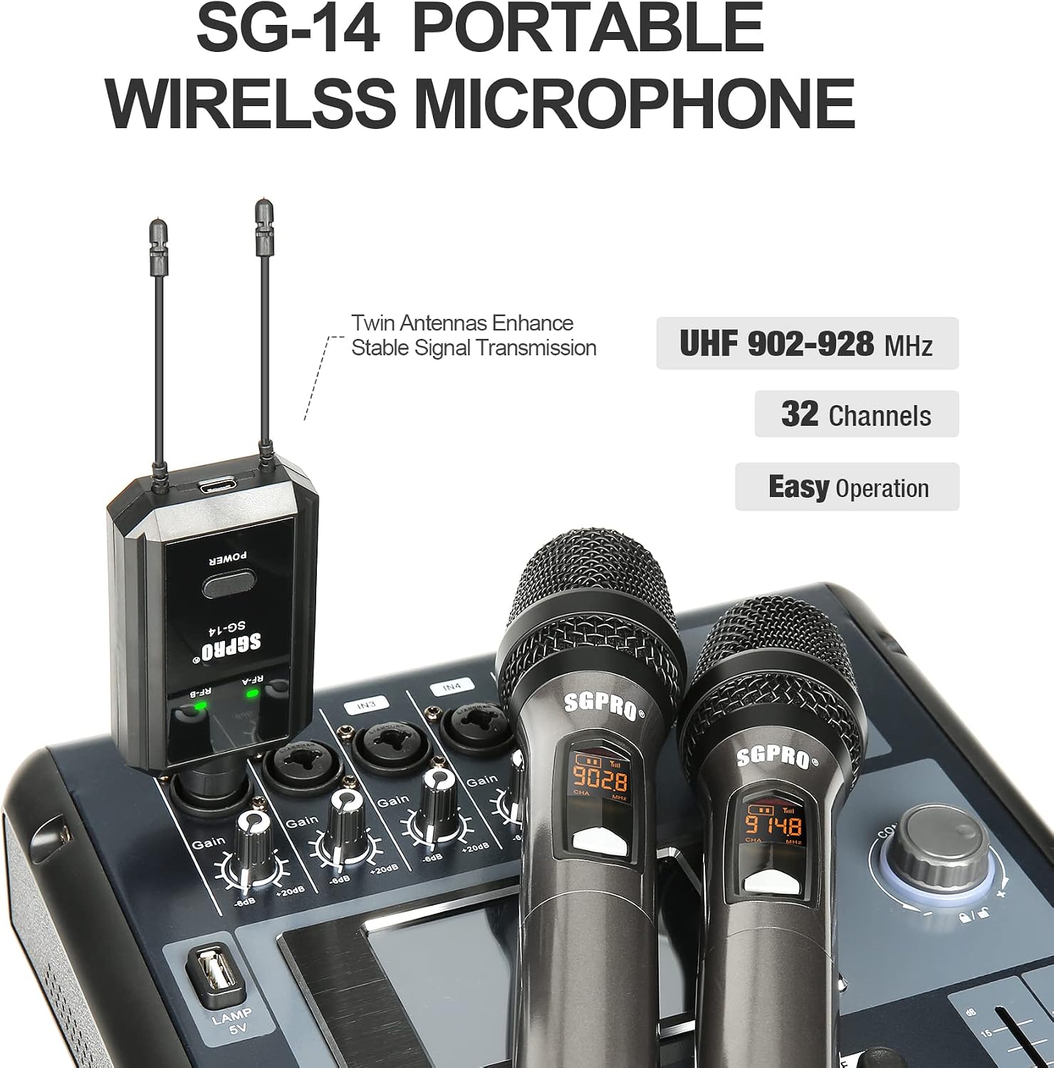 Detalle 2 de SGPRO SG-14 Dual Wireless Handheld Microphone Set with Compact Receiver