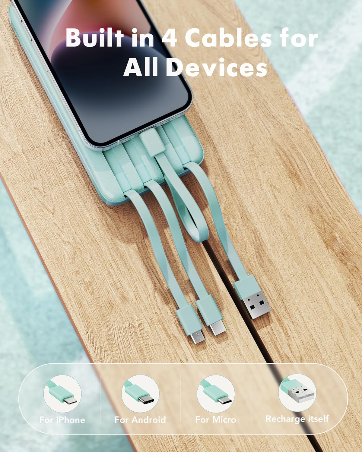 Detalle 2 de charmast Power Bank with Built-in Cables (x4) 10,000mAh – USB-C portable charger with 6 outputs