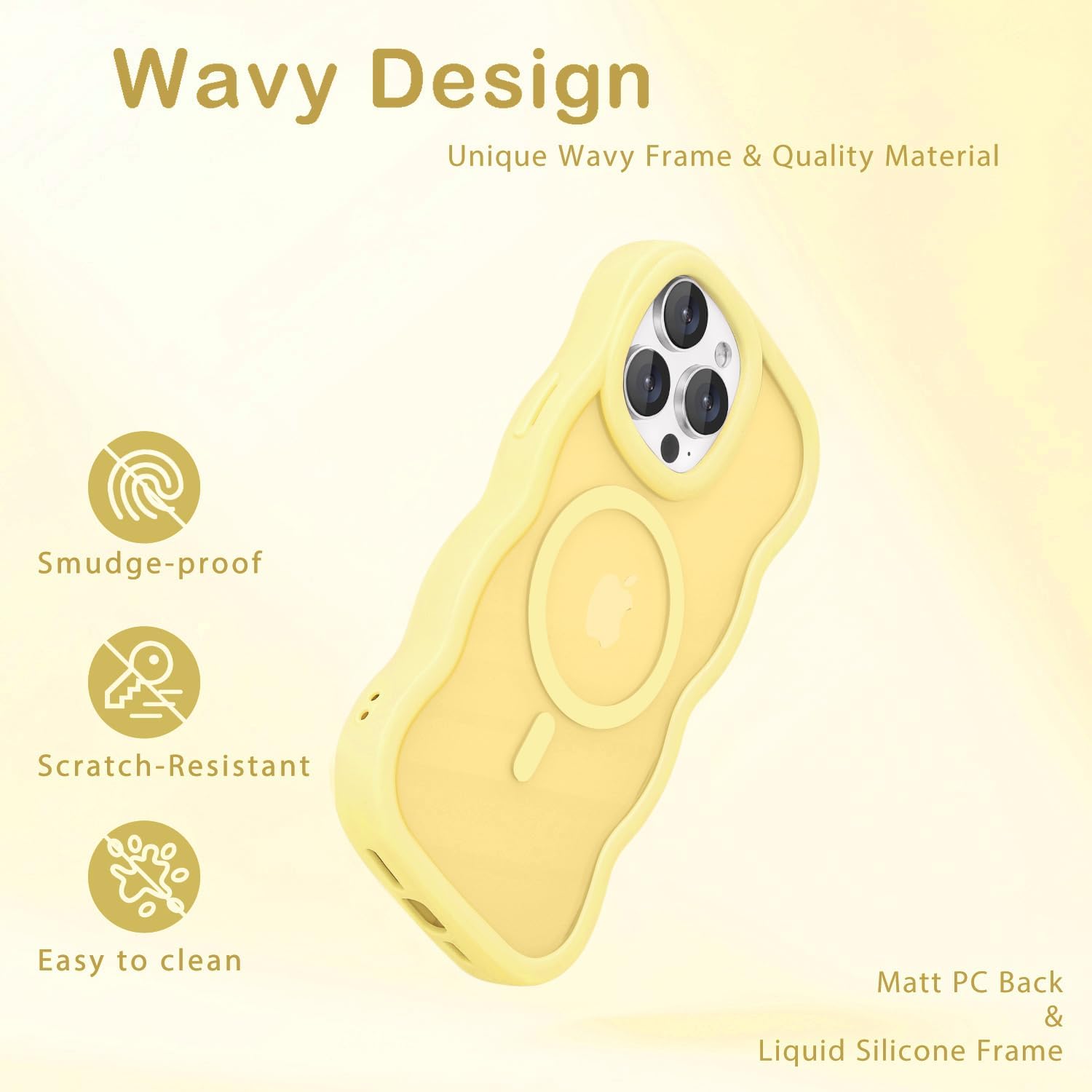 Detalle de Amzfield Magnetic Case for iPhone 15 Pro Max (Yellow) – Wavy Frame, MagSafe Compatible, Shockproof