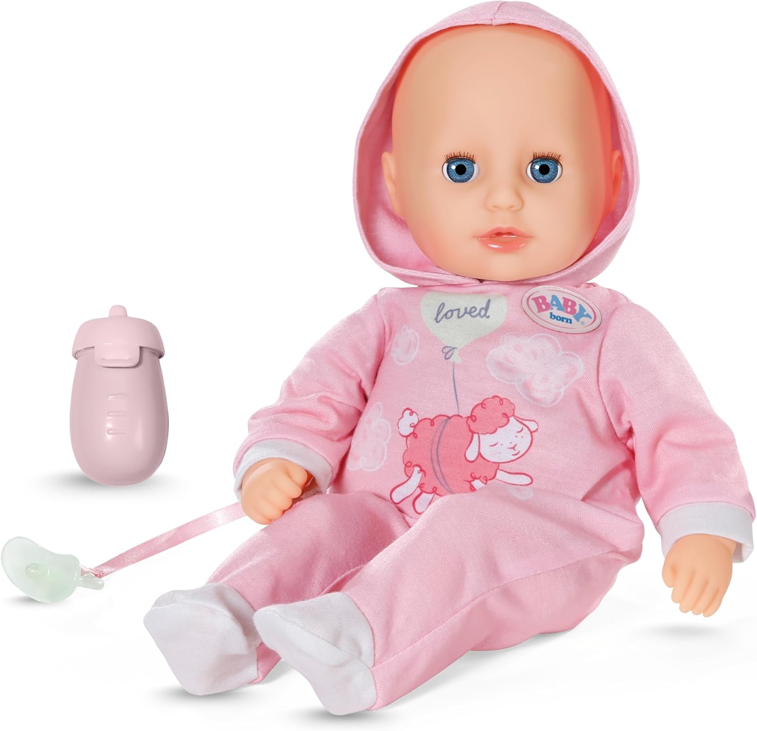 Detalle de BABY born Hannah Spiel mit Mir – Babypuppe mit 5 Funktionen, weicher Stoffkörper und Zubehör, 36 cm