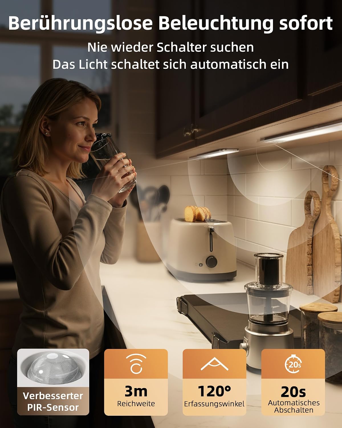 Detalle de EZVALO Schrankbeleuchtung LED 37 cm (2er-Set) mit Bewegungsmelder, 134 LED, 4200mAh, kabellos, 6500K–3000K, dimmbar