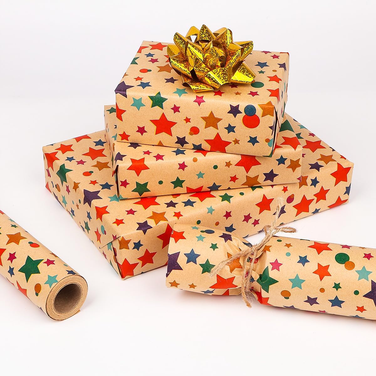 Detalle 2 de HBell Stars Wrapping Paper Roll (43cm x 10m) – Colourful Star Kraft Gift Wrap