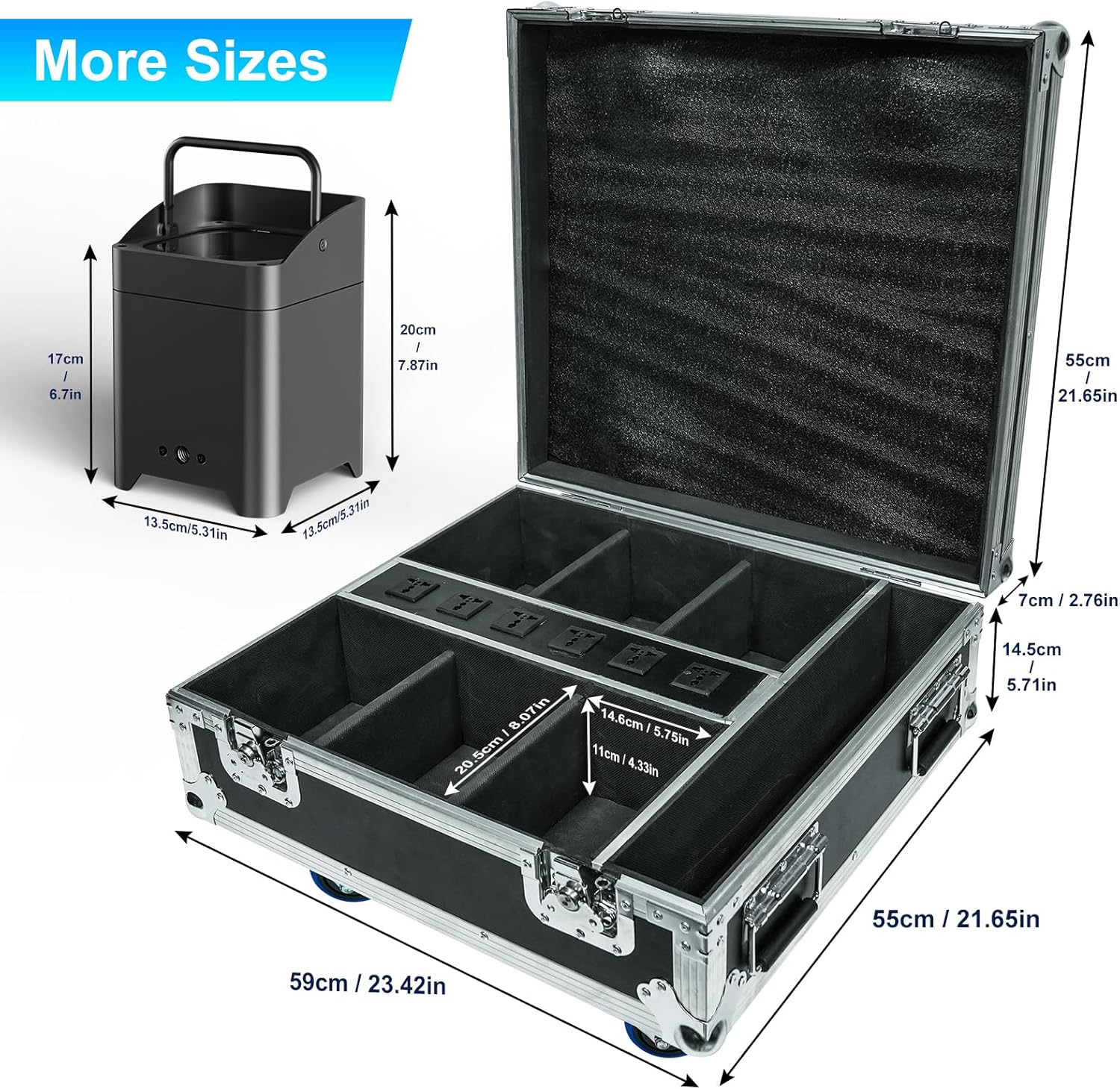 Detalle de PUZILOZA Flightcase: Valigetta portatile per 6 pezzi con batterie incorporate da 108 W APP Par LED (senza luce)