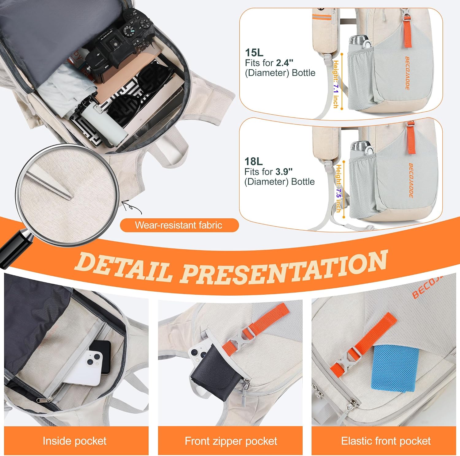 Detalle de BecoJADDE 15L Hiking Backpack (Foldable) – Beige mini rucksack for camping, travel and day trips