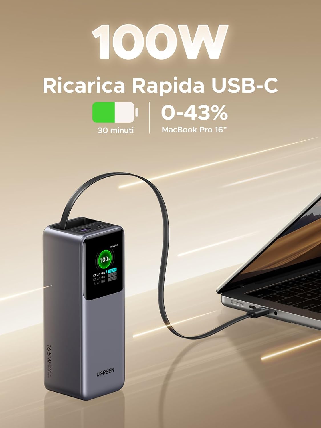 Detalle de UGREEN Nexode Power Bank 20000mAh ricarica rapida 165W
