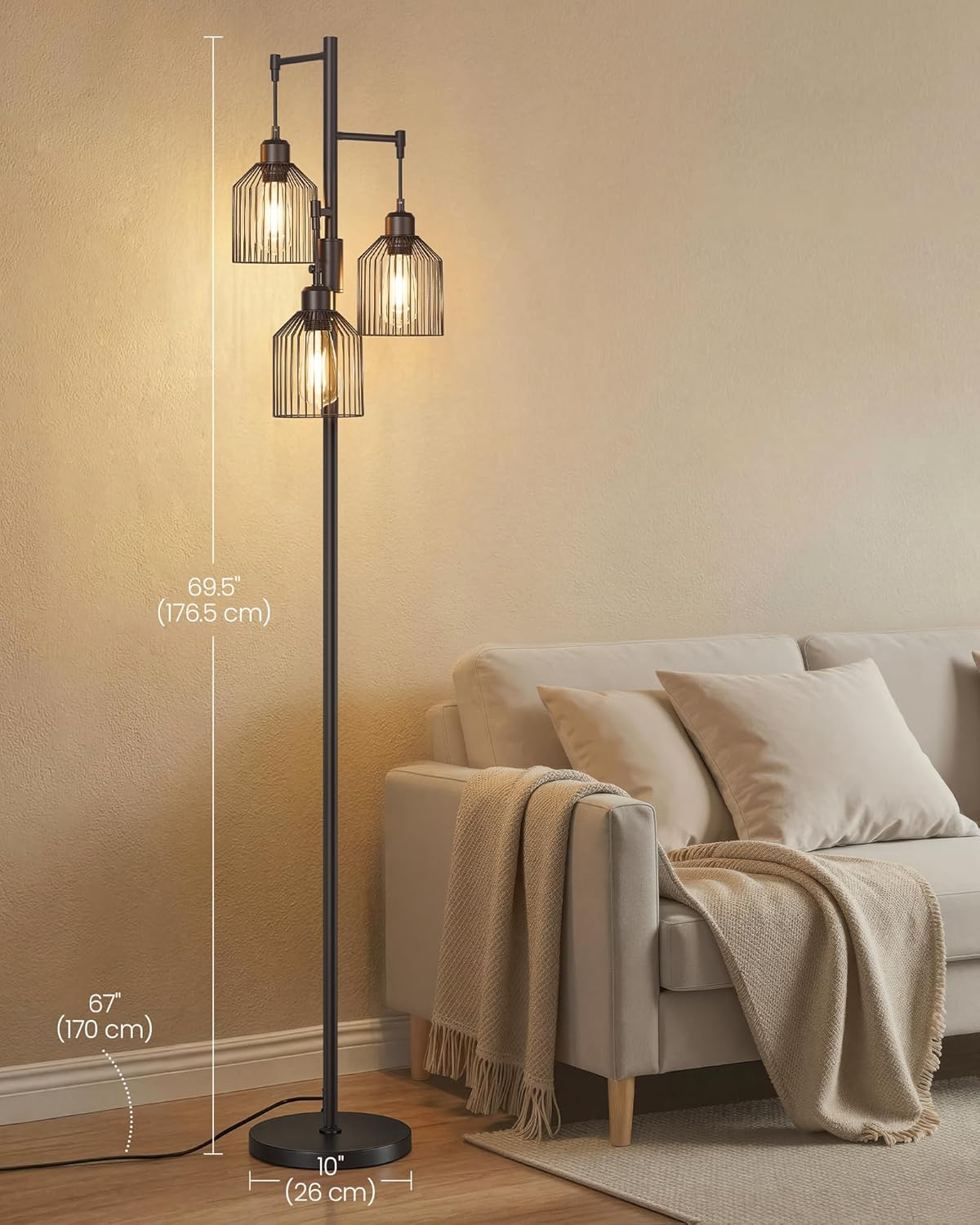 Thumbnail 4 de VASAGLE 176cm Floor Lamp with 3 Bulbs and Adjustable Brightness (Ink Black) LFL013BD03