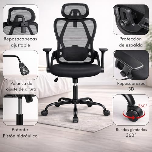 Thumbnail 4 de Silla de oficina ergonómica T-LOVENDO.ES con soporte lumbar ajustable, malla transpirable y reposacabezas