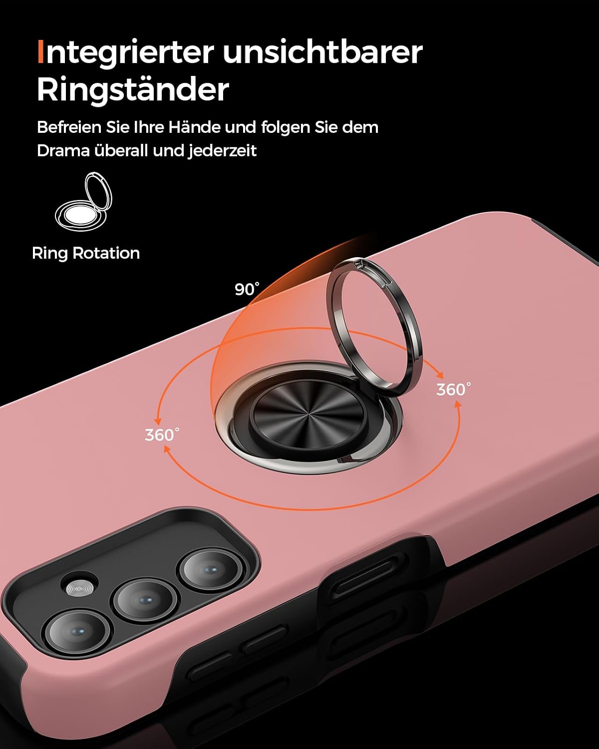 Detalle de KRAFTCARE Hülle für Samsung Galaxy A14 5G mit 360° Ring, Schutzfolie & robustem Stoßschutz – Rosa