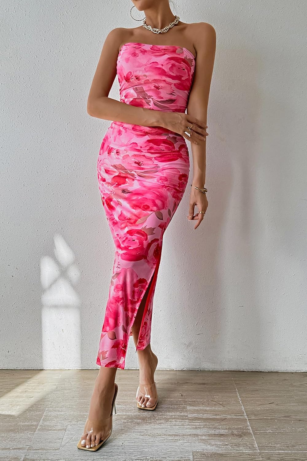 Thumbnail 3 de PRETTYGARDEN Women's Summer Wedding Guest Dress: Strapless Maxi Bodycon with Floral Mesh