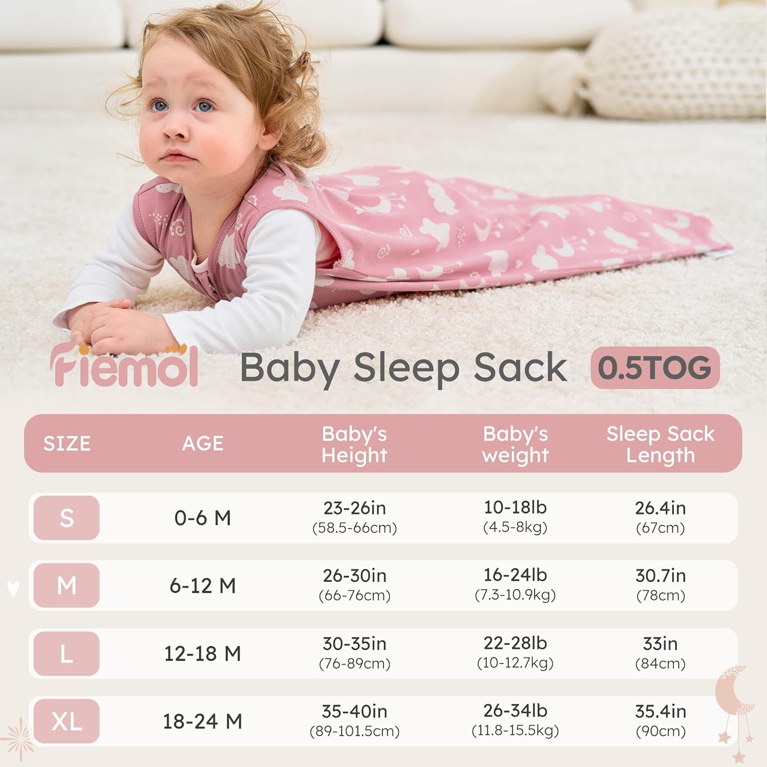 Thumbnail 3 de FIEMOL Baby Schlafsack aus Baumwolle – atmungsaktiver Sommer-Schlafsack mit 0,5 tog für Neugeborene