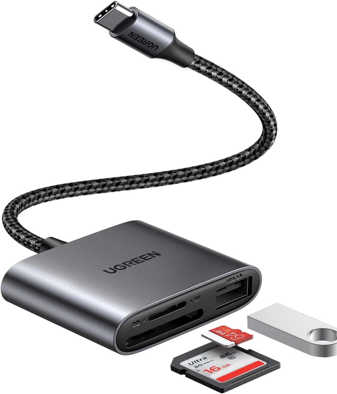 Detalle de UGREEN USB-Cカードリーダー SD・MicroSD同時読み書き対応、USBポート付きアルミ合金製