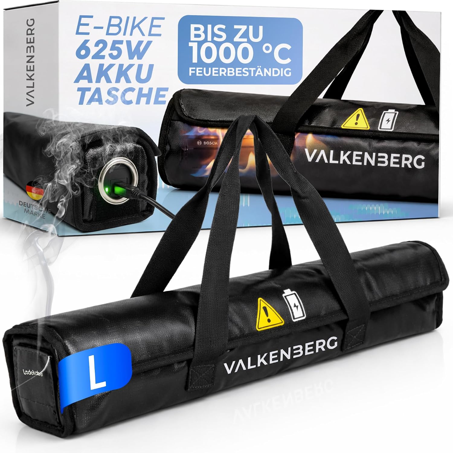 VALKENBERG E-Bike Akku Tasche (Größe L) – feuerfeste Akkubox mit Kabeldurchführung & Trageschlaufe