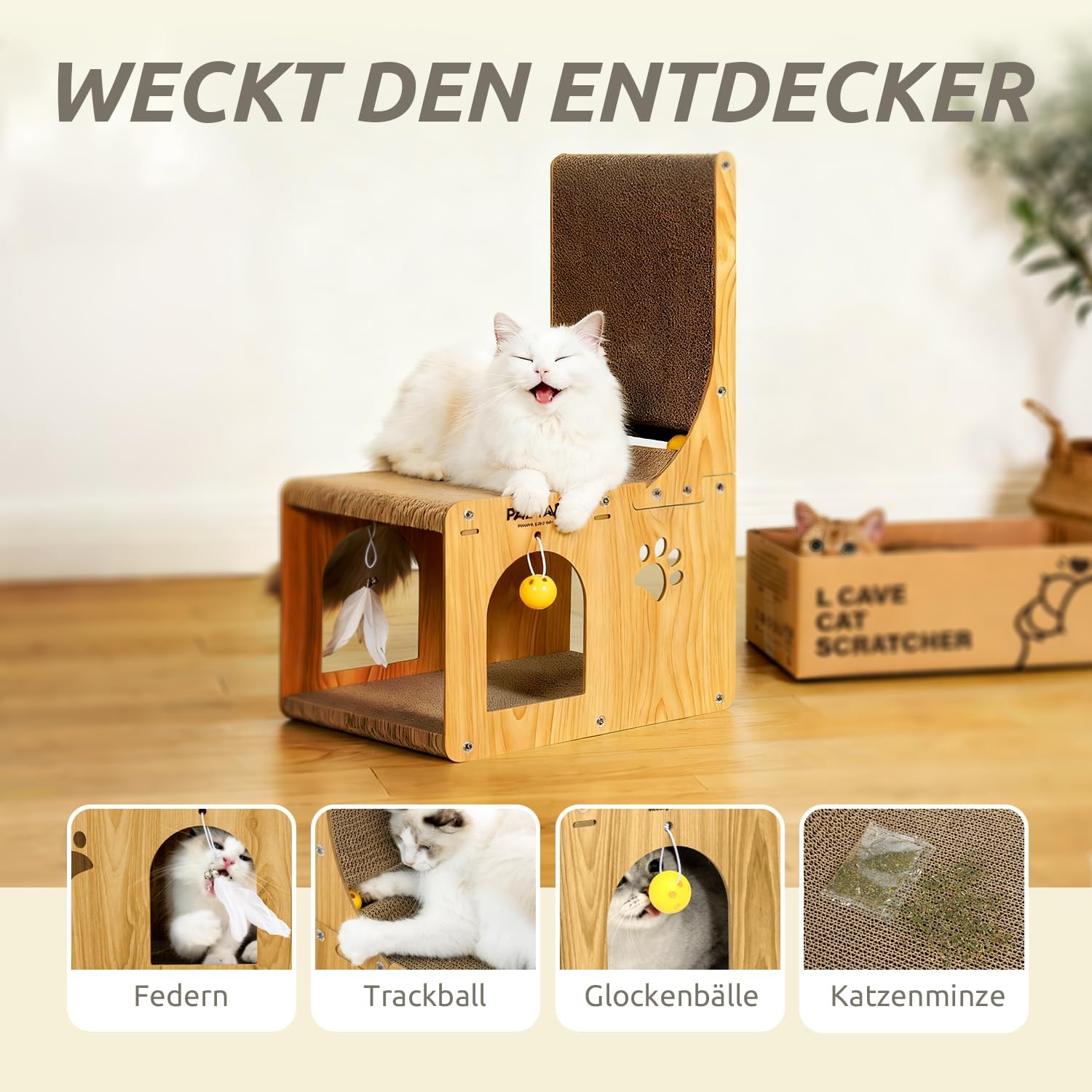Detalle de Pawtasy Kratzbrett Katzen Kratzpappe 2-in-1 für Wand & Ecke inkl. Ballspielzeug