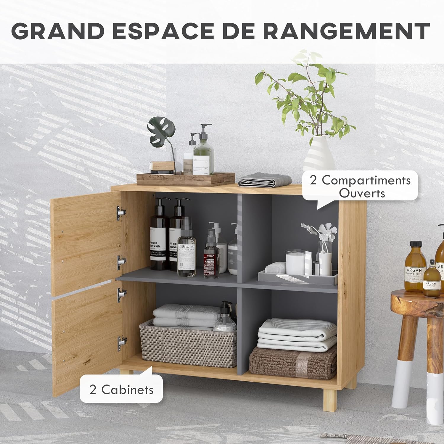 Thumbnail 3 de HOMCOM Meuble de Salle de Bain – rangement 80 x 35 x 70 cm avec placard et compartiments ouverts