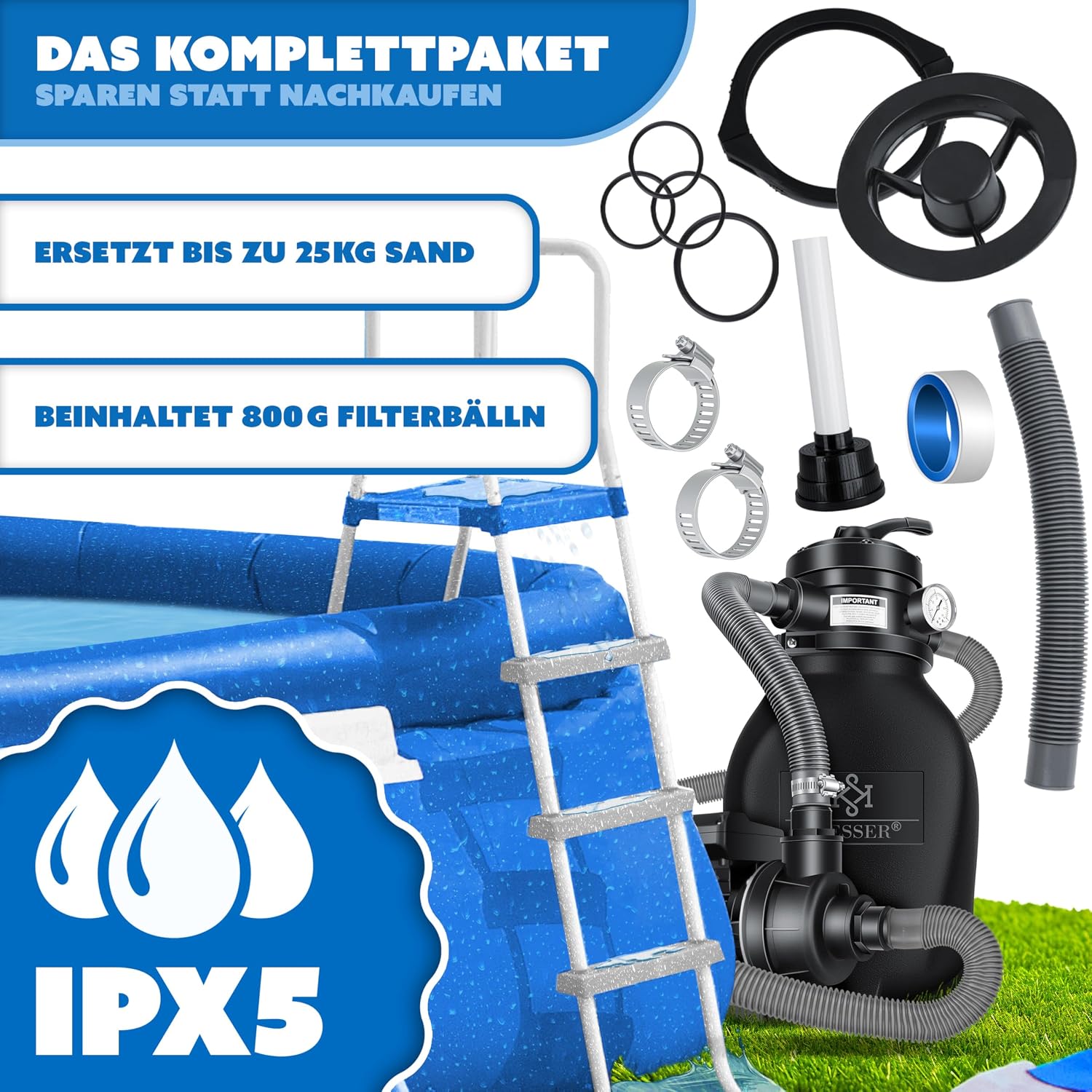 Thumbnail 3 de KESSER® Sandfilteranlage Sandfilteranlage+ (bis zu 20 kg Sand) mit 4-Wege-Ventil, 800 g Filterbälle – für Pools bis 10 m³/h