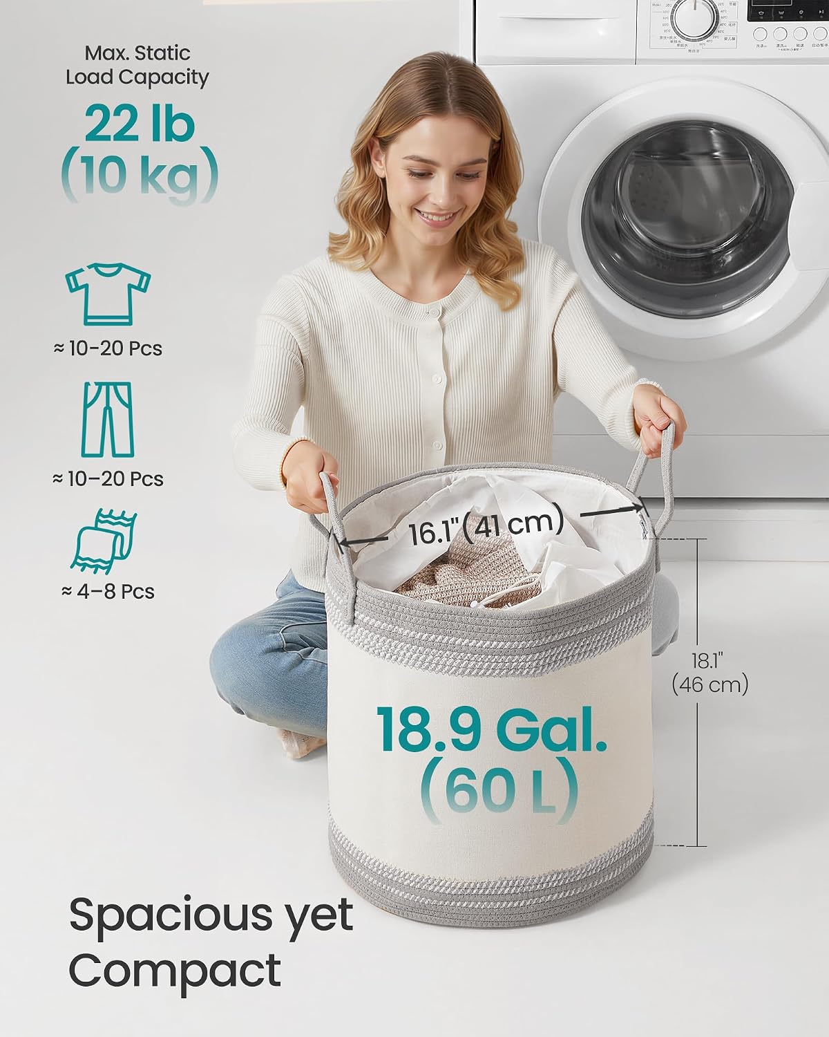 Detalle de SONGMICS Stowit RLH060G01 Laundry Basket, 60 L, Dove Grey and Cloud White
