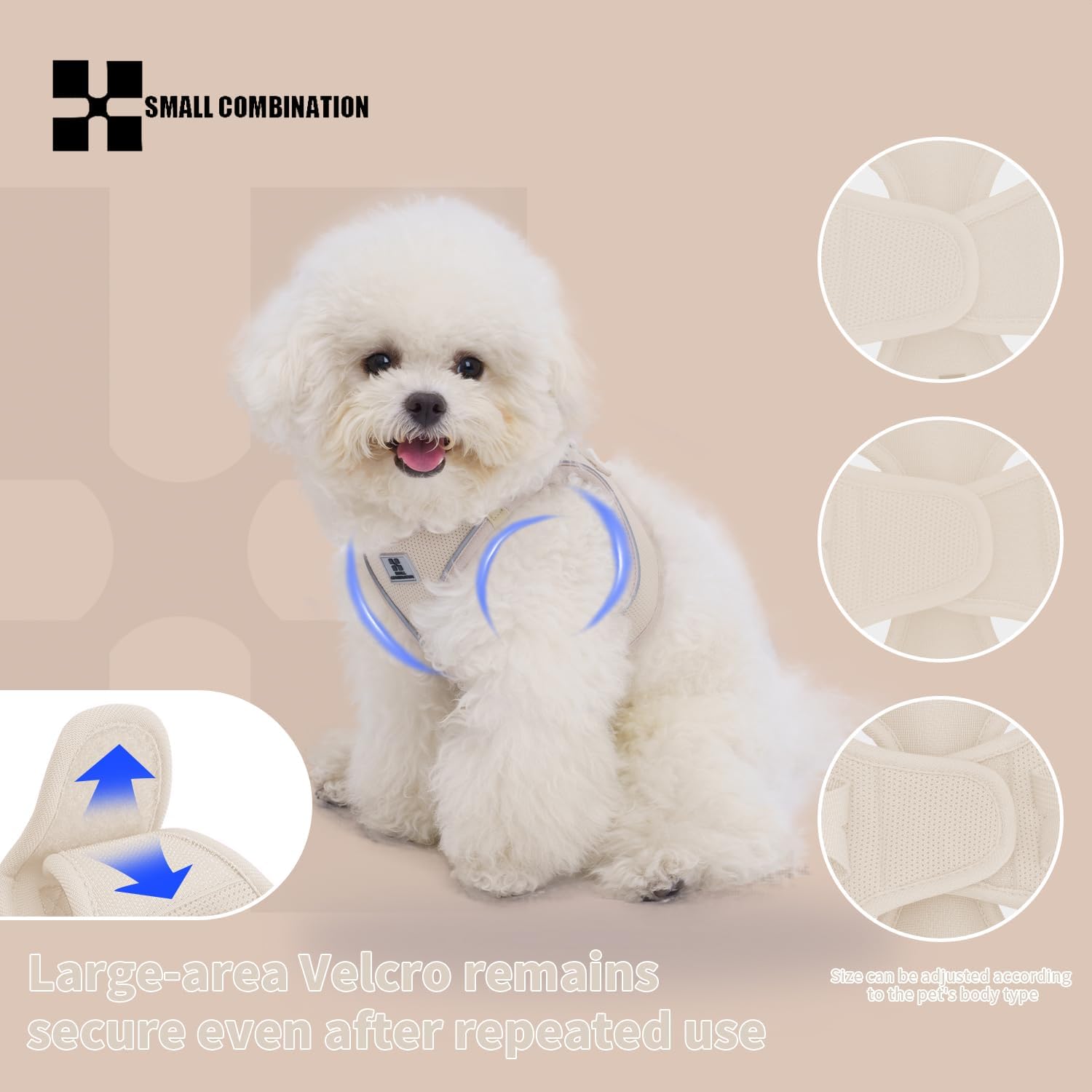 Detalle de Small Combination Dog Harness and Leash Set – Beige, Size L, for Small to Medium Dogs and Cats