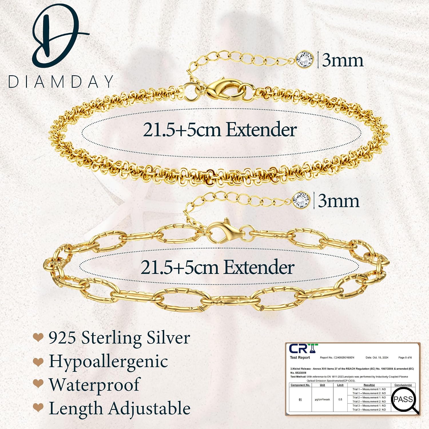 Detalle de Diamday 2Pcs Bracelet de Cheville pour Femme en Argent Sterling 925 et Or Réglable – Élégance Minimaliste