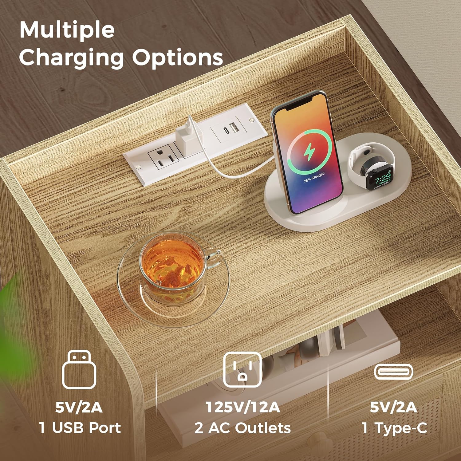 Thumbnail 3 de SUPERJARE Nightstands Set of 2 with Charging Station 🛋