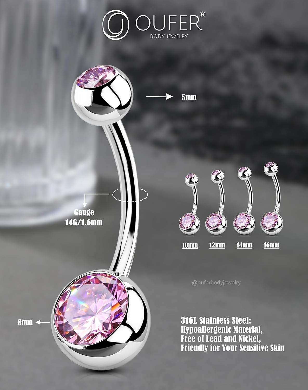 Thumbnail 4 de OUFER Belly Button Bars 316L Rose CZ